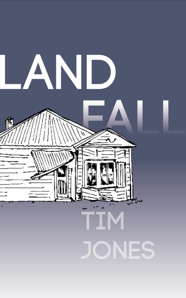 Landfall cover with drawing of delapidated house on blue background