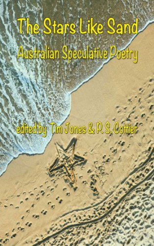 cover of The Stars Like Sand - yellow text on image of beach from above with tide, footprints, and a star in the sand