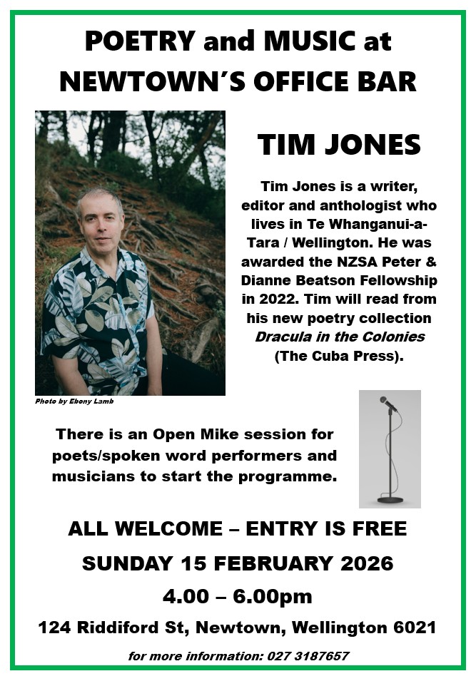 Poster for Poetry and Music at Newtown's Office Bar on Sunday 15 February 2026. Poster shows an author photo and details of the event described in the text.