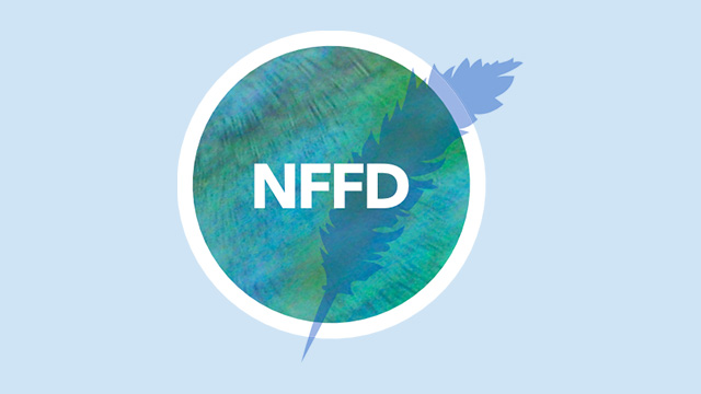 National Flash Fiction Day logo, showing a quill superimposed on a green circle with a white border against a light blue background. the green circle has "NFFD" in white lettering superimposed upon it.