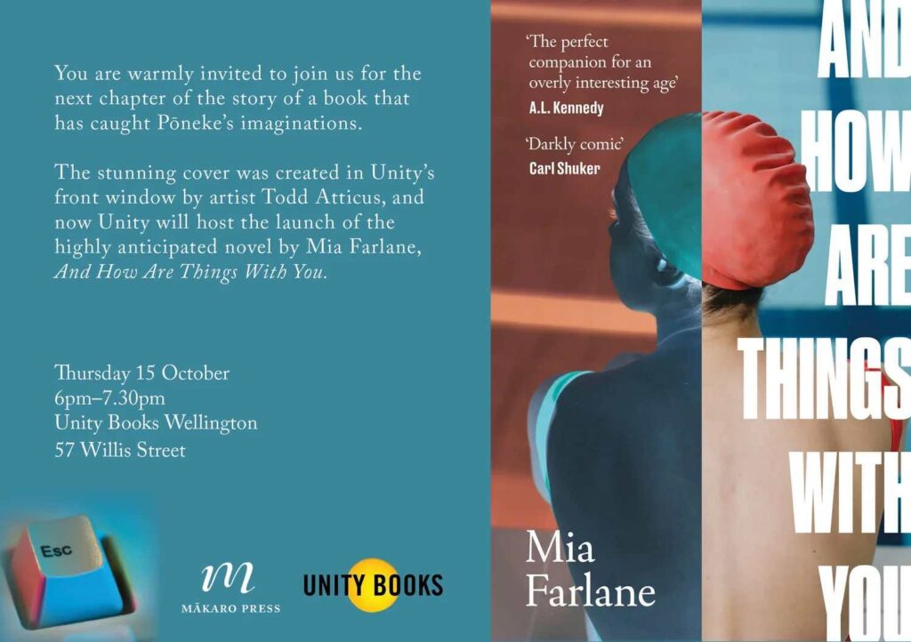 Inivitation to the launch of Mia Farlane's new novel, with details in the text of this post. Image has white text on a blue background to the left, and on the right, an image of the book cover.