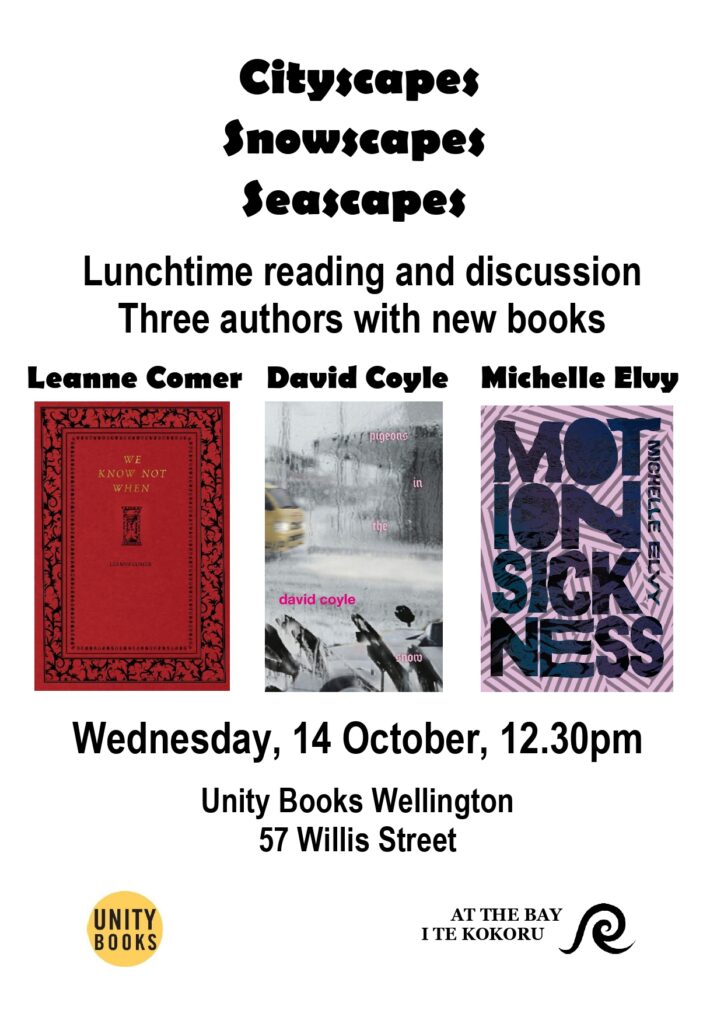 Poster for "Cityscapes, Snowscapes, Seascapes", a lunchtime reading and discussion by three authors with new books: Leanne Comer, David Coyle and Michelle Elvy. Poster shows the covers of these books, and other details in the text of this post in black text against a white background.
